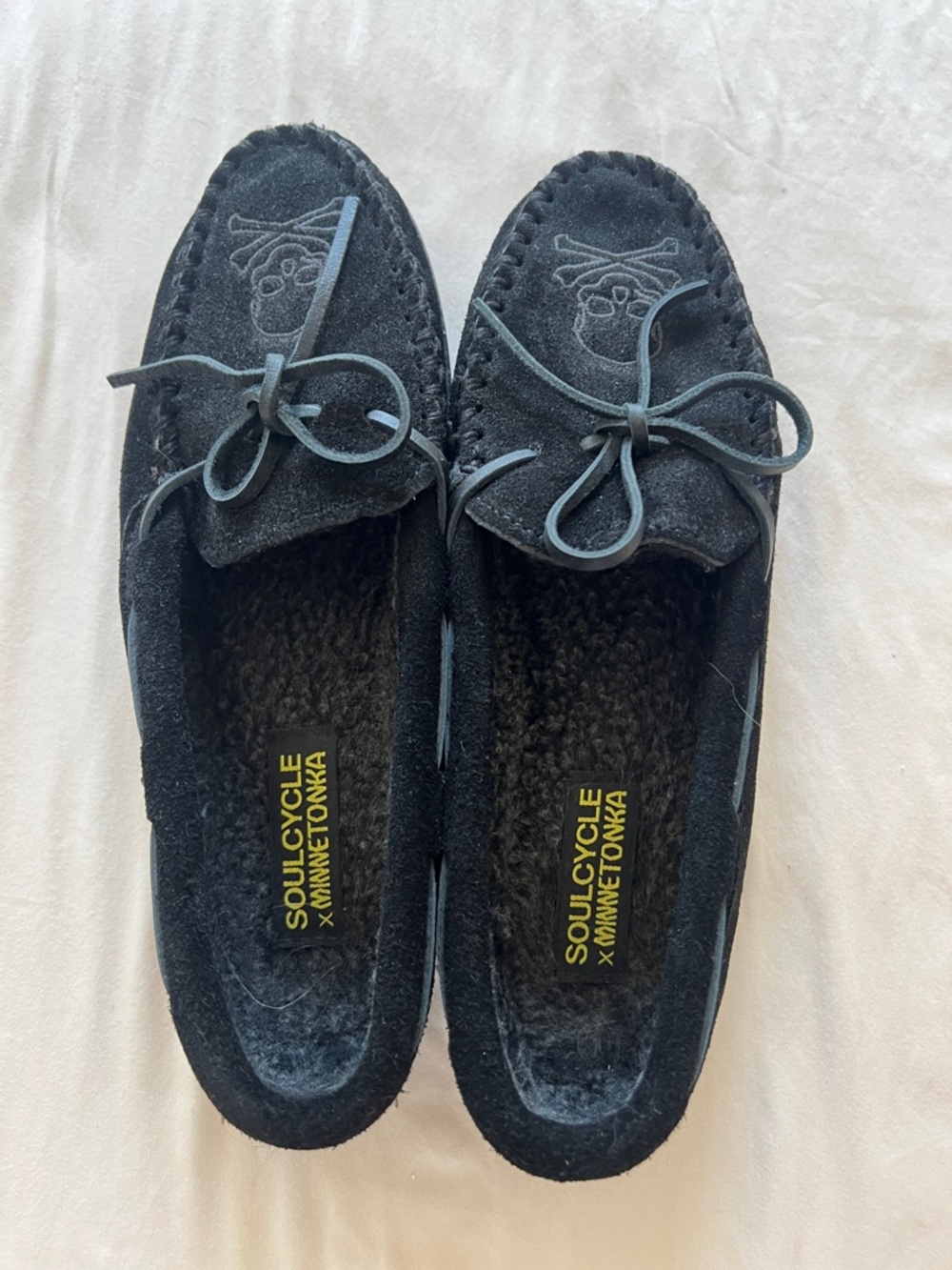 Minnetonka Black Suede Moccasin Slippers with Bow